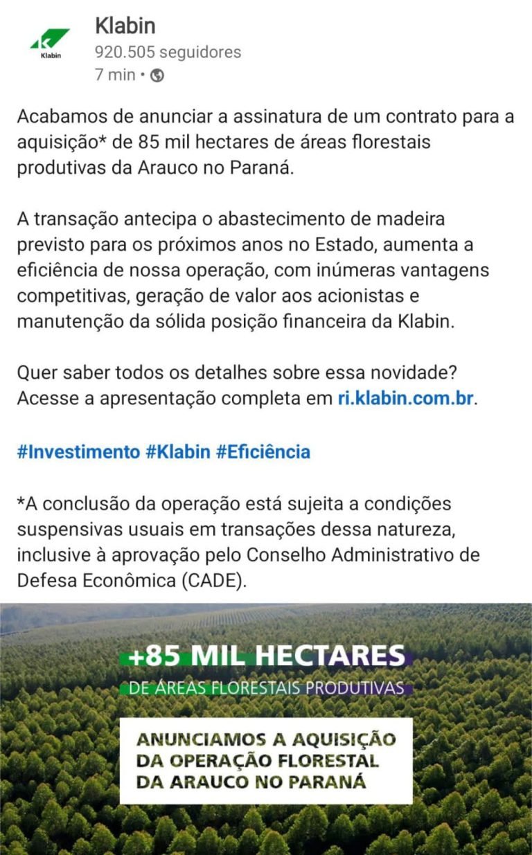 KLABIN anuncia a compra de 85 mil hectares de áreas florestais da ARAUCO no Paraná