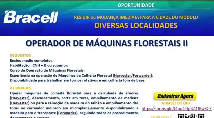 cadastro de vaga para operador de máquinas florestais, banner com as informações sobre a vaga que estão no texto do post